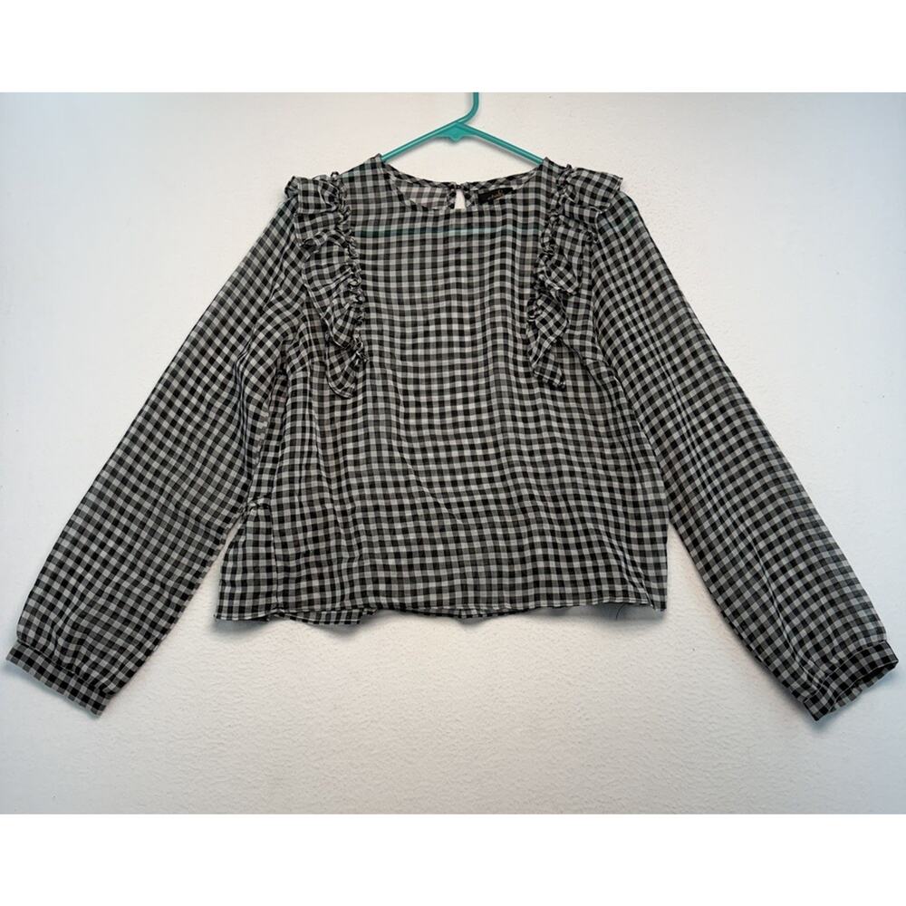 Antwelfth Sheer Checkered Ruffle Long Sleeve Blouse Cover Up Beach Travel Office